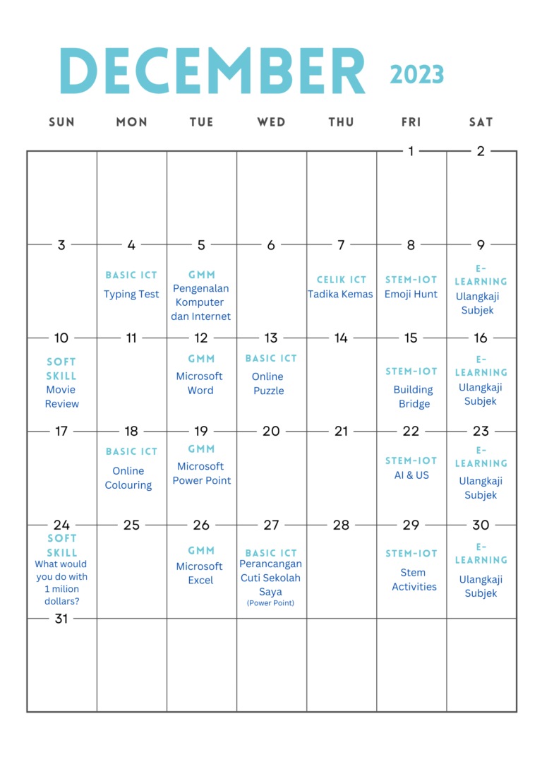 Blue Minimalistic December 2023 Calendar Monthly Planner